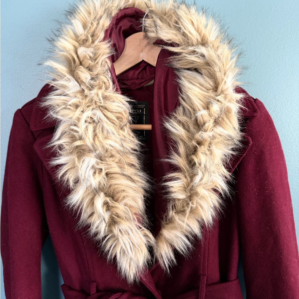 Small Guess Coat Burgundy Wine Red With Removable Faux Fur Collar — image 4 of 8